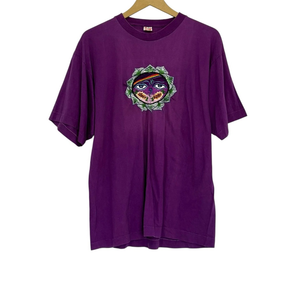 Vintage Single Stitch Purple Embroidered 80s Tee Shirt Buddah Hippie Retro